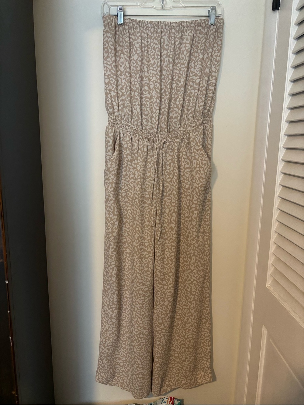 LOFT Beige Printed Strapless Wide-Leg Jumpsuit